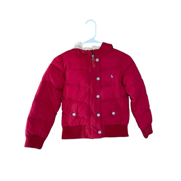 Old Navy Kids Red Winter Puffy Down Coat Fleece Lined Fur Hood Size Medium - Picture 1 of 6